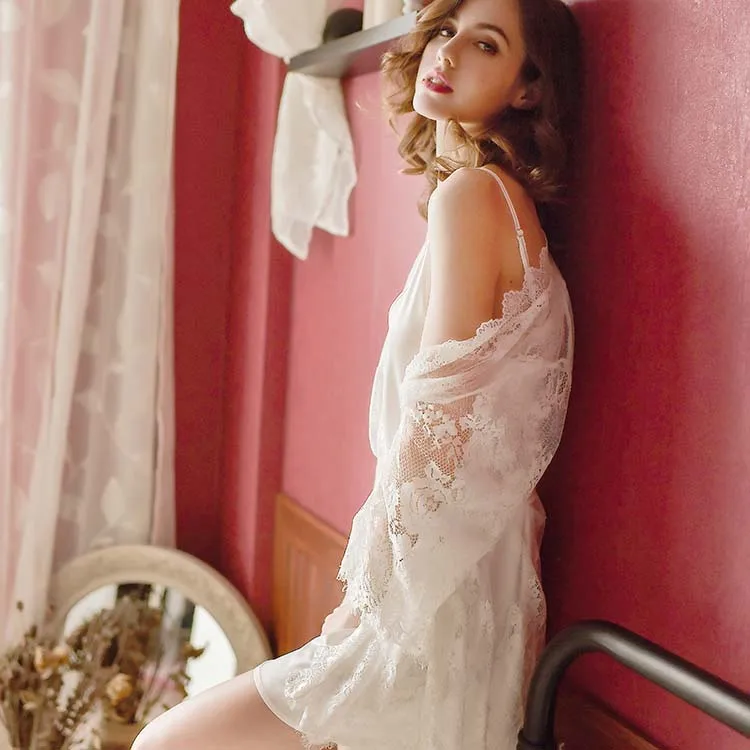 Waliicorners sexy strap nightdress and lace long robe female black white perspective nightgown 2set 47 H32fb10acf07c48e5af513640d72459c7b