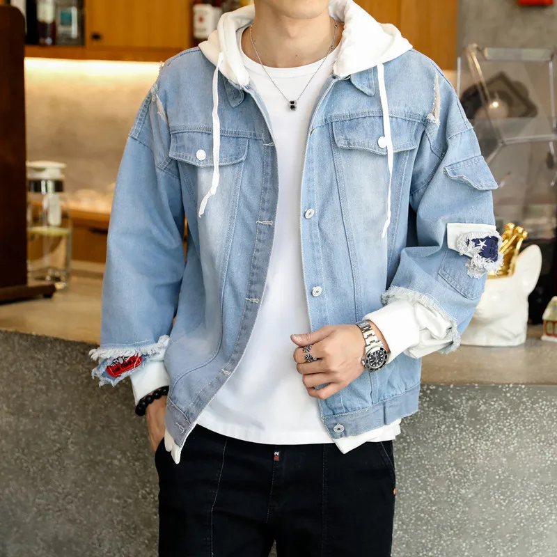Mock Two-Piece Couples Loose-Fit Denim Jacket Korean-style Men's with Holes Coat Students Hooded Trend Clothes
Mock Two-Piece Couples Loose-Fit Denim Jacket Korean-style Men's with Holes Coat Students Hooded Trend Clothes