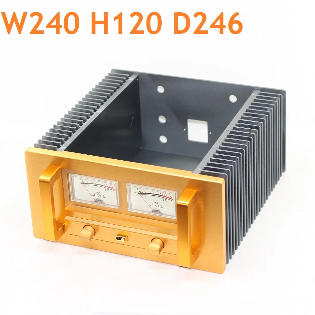 

Heat Sink DIY Aluminum PSU Rear Power Amplifier Housing Dual Channel VU Meter Decoder Enlcosure Gold Cabinet Case W240 H120 D246