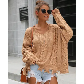Women Long Sleeve V-neck Loose Pullover Sweatershirt Coat Autumn Winter Warm Sweater Jumper Ladies Destroyed Holes Sweater 2019
Women Long Sleeve V-neck Loose Pullover Sweatershirt Coat Autumn Winter Warm Sweater Jumper Ladies Destroyed Holes Sweater 2019