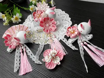 

Ancient Handmade Hairpin Cosplay Accessories Kanzashi Pink Rabbit Lace Tassel Sakura Tsumami Zaiku Kimono Hanfu Yukata Hair Clip
