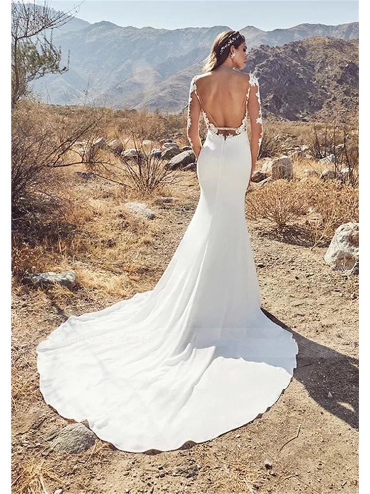 vestido novia Elegant Backless Mermaid Wedding Dress Long Sleeves Lace Appliques Wedding Gown White Ivory Stain Bride Dresses (3)