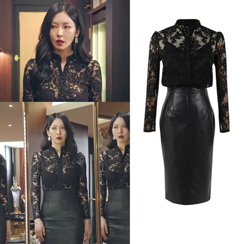 Kpop Korean Celebrity Black Sexy Hollow Lace Long Sleeve Shirt+Office Temperament Slim Bag Hip Leather Skirts 2 piece Set Women
Kpop Korean Celebrity Black Sexy Hollow Lace Long Sleeve Shirt+Office Temperament Slim Bag Hip Leather Skirts 2 piece Set Women
