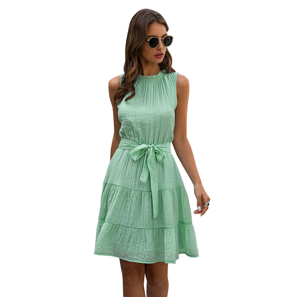Solid Color Sleeveless Lace-up Women's Dress Round Neck A-Line Pleated Dresses Summer O-Neck Bandage Casual Dress with Sashes
Solid Color Sleeveless Lace-up Women's Dress Round Neck A-Line Pleated Dresses Summer O-Neck Bandage Casual Dress with Sashes