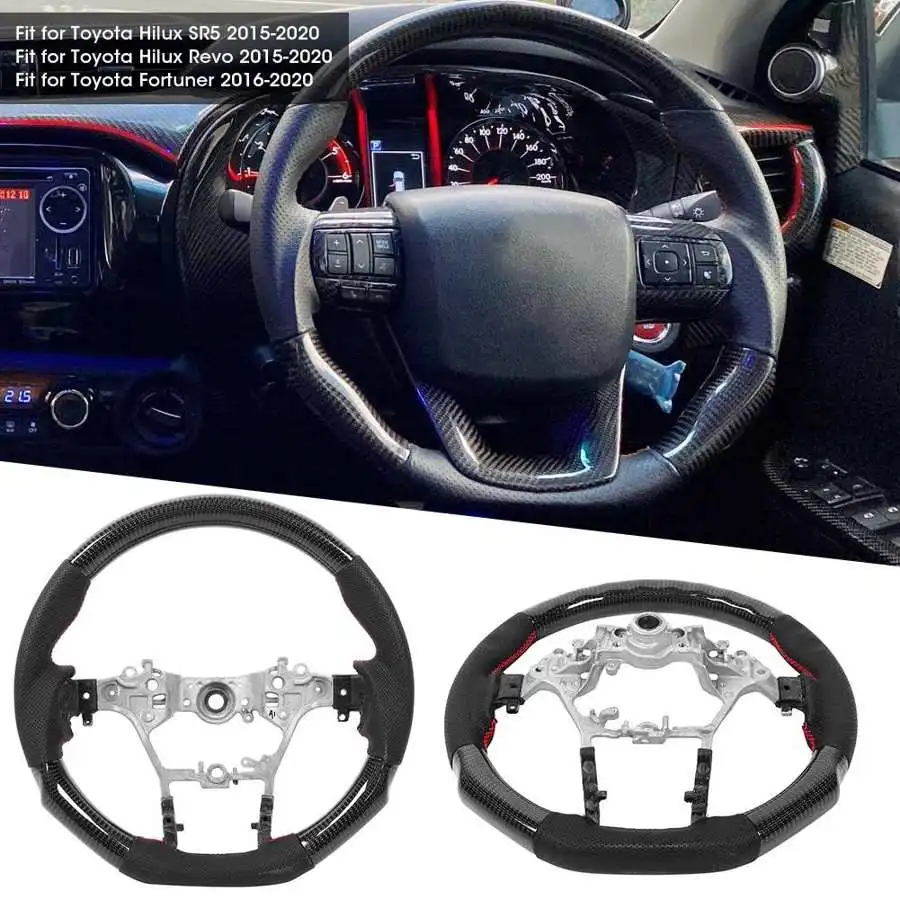 Hlyjoon Steering Wheel,Carbon Fiber Steering Wheel Nappa Perforated Leather W/Red Stitching LED Performance Steering Wheel Fit for Hilux SR5 Revo Fortuner 2015-2020
