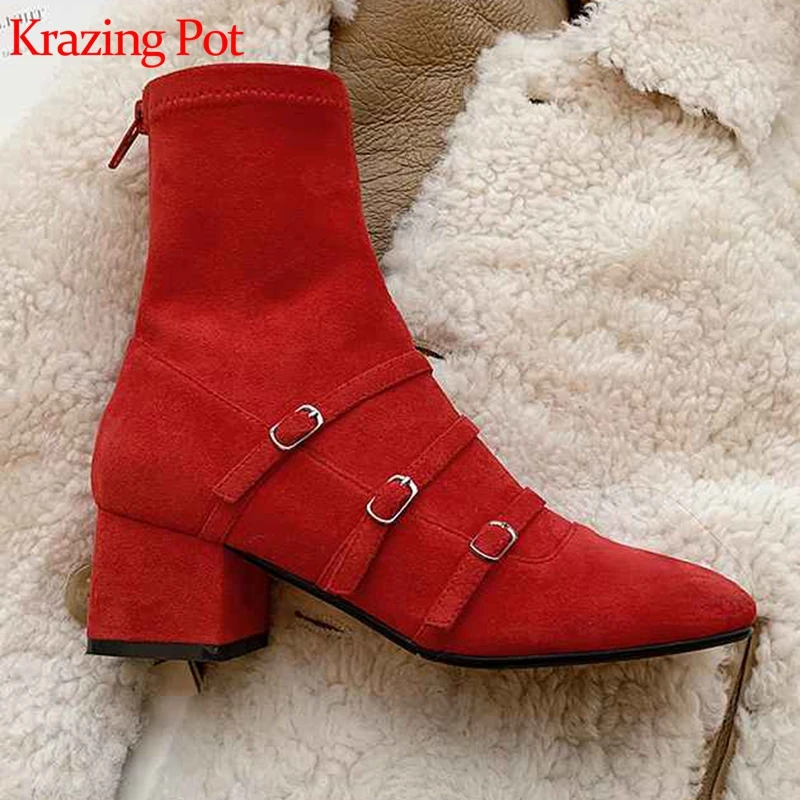 Krazing pot 2019 velvet shoes round toe zipper wedding boots med heels women metal buckle decoration flock mid-calf boots L01
Krazing pot 2019 velvet shoes round toe zipper wedding boots med heels women metal buckle decoration flock mid-calf boots L01