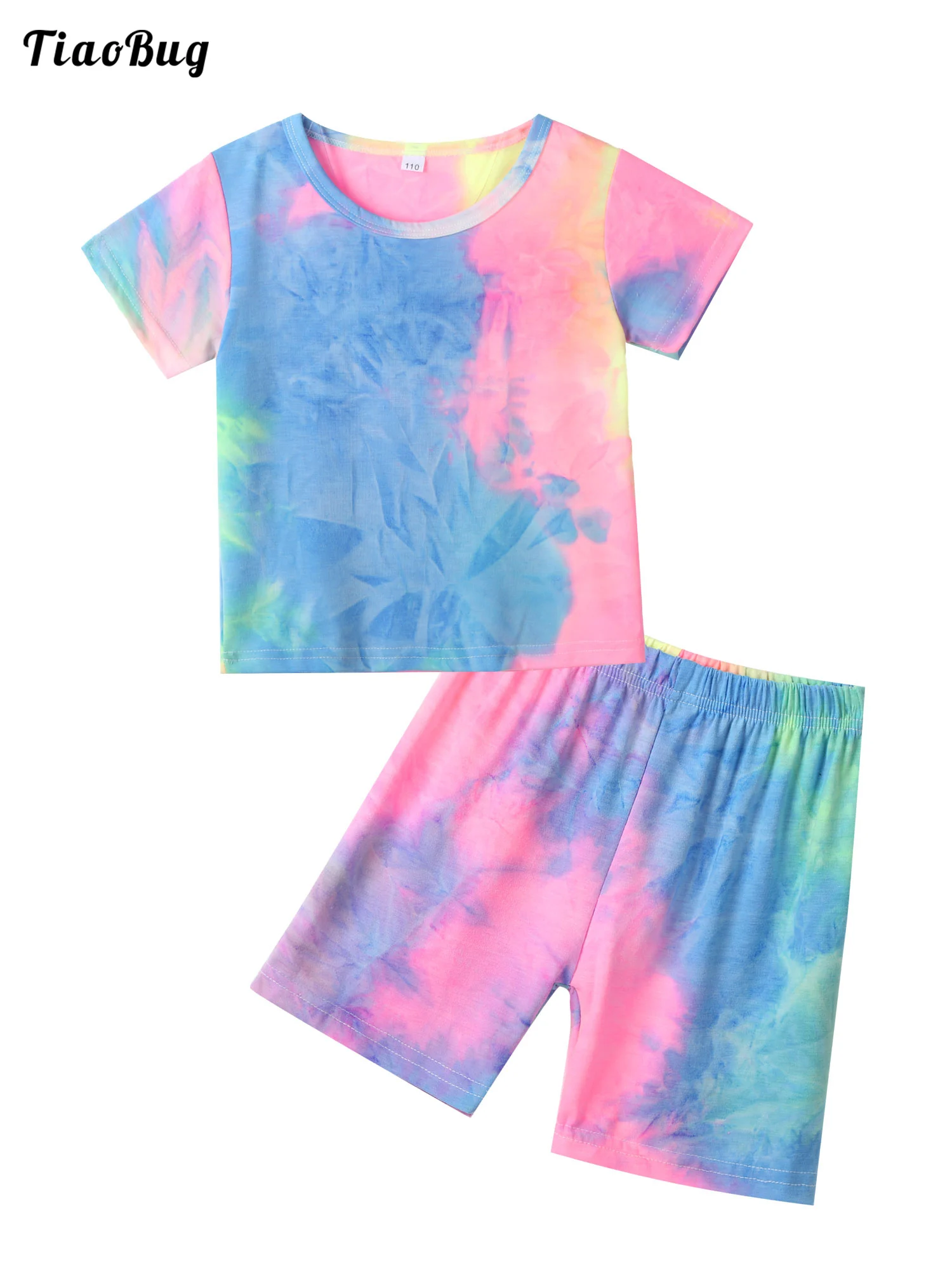 

Summer 2pcs Kids Girls Tie Dye Print Casual Suit Round Neck Short Sleeves T-Shirt Shorts Set For Running Exercise Sport Fitness