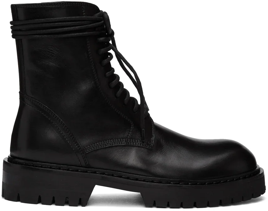 

Women Shoes Black Calfskin Boots Ankle-high Buffed Calfskin Boots Round Toe Lace-up Side Zip