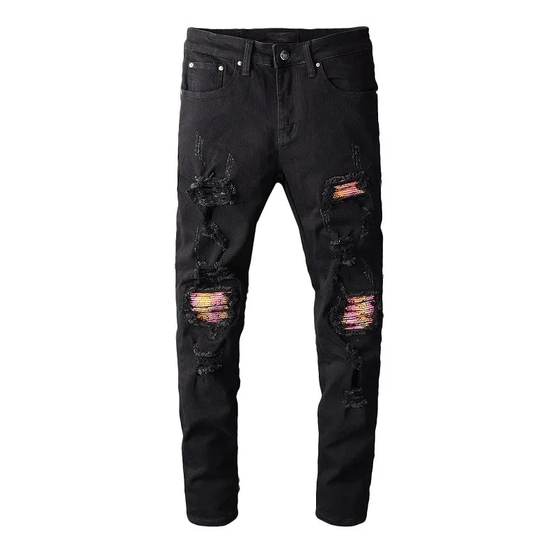 Men's Distressed Destroyed jeans Rainbow Colored Print Ribbed Patches Skinny Washed Black Skinny pants Slim Trousers #608
Men's Distressed Destroyed jeans Rainbow Colored Print Ribbed Patches Skinny Washed Black Skinny pants Slim Trousers #608