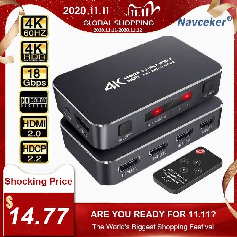 UHD HDMI 2.0 4K HDMI Switch 1x4 Mini HDMI Switch Switcher HUB Box Support HDCP 2.2 & IR Remote Control HDMI Switch Splitter
UHD HDMI 2.0 4K HDMI Switch 1x4 Mini HDMI Switch Switcher HUB Box Support HDCP 2.2 & IR Remote Control HDMI Switch Splitter