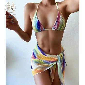 Peachtan Sexy 3 pieces dress swimsuit women Halter micro bikini Colorful print swimwear female String low waist bathing suit New 
Peachtan Sexy 3 pieces dress swimsuit women Halter micro bikini Colorful print swimwear female String low waist bathing suit New