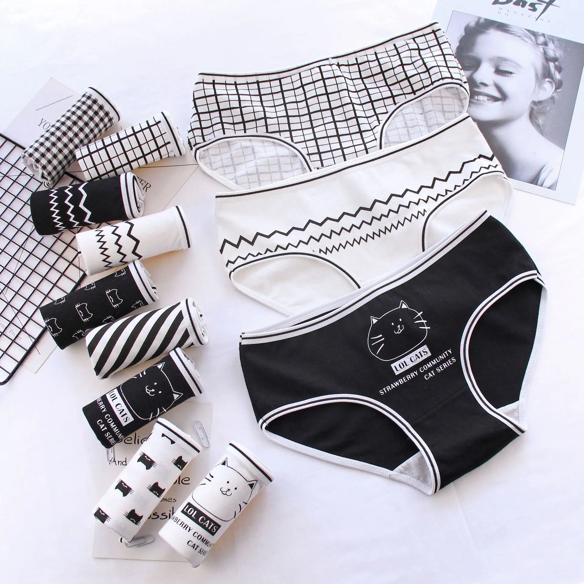 Sous-vêtements en coton pour femmes, noir et blanc, respirant, tendance, taille moyenne, slip, entrejambe 2