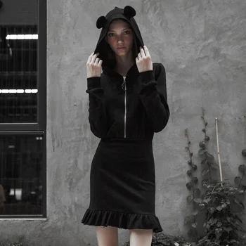 PUNK RAVE Women Dark Hooded Lotus Leaf Pendulum Dress Elastic Sweater Tight Fish Tail Hem Moonfloral Print Cute Short Dress
PUNK RAVE Women Dark Hooded Lotus Leaf Pendulum Dress Elastic Sweater Tight Fish Tail Hem Moonfloral Print Cute Short Dress