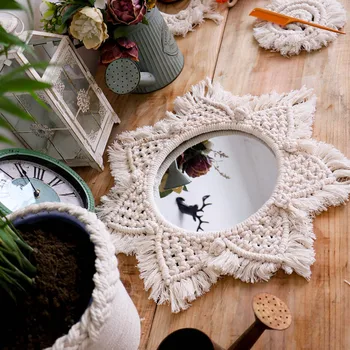 Wall Decor Nordic Vintage Round Make Up Mirrors For Home Wall Hand-woven Glass Decorative Boho Macrame Wall Mirror For Bedroom 
Wall Decor Nordic Vintage Round Make Up Mirrors For Home Wall Hand-woven Glass Decorative Boho Macrame Wall Mirror For Bedroom