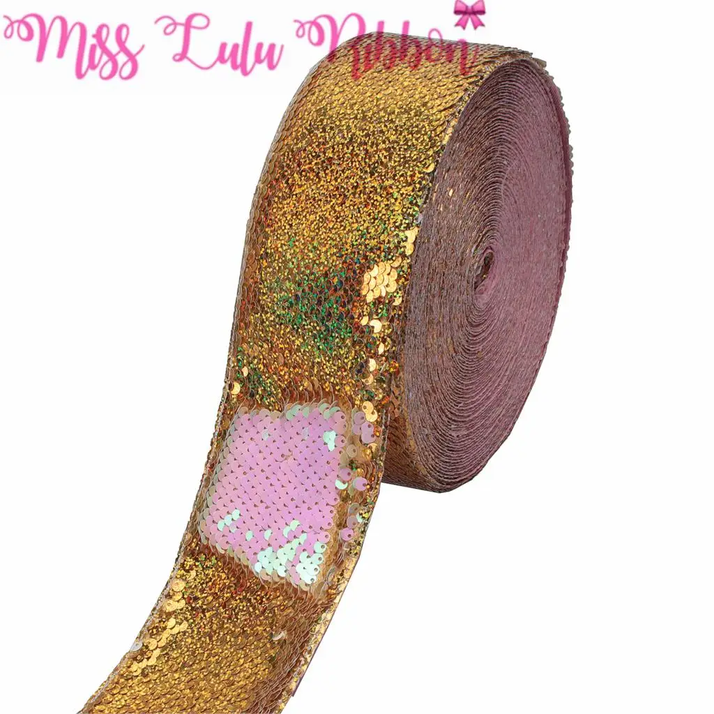 

3"75mm Double Color Reversible Sequin Ribbon Rainbow Pink Hologram Gold DIY Party Gift Bowknots Solid in Stock 25yards/roll