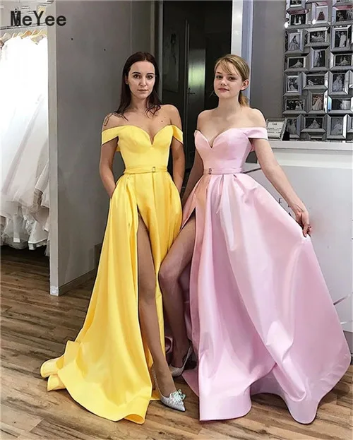 Classic Pink Yellow Prom Dresses Long 2020 Off Shoulder Side Split Stain Formal Evening Party Gowns vestido de noche Custom
Classic Pink Yellow Prom Dresses Long 2020 Off Shoulder Side Split Stain Formal Evening Party Gowns vestido de noche Custom