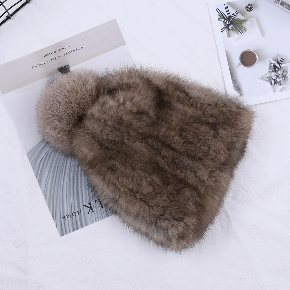 

Highend Women's Winter Knitted 100% Real Sable Fur hat Fur Beanie Russian Mink Fur Cap With Fox Fur Pom Poms Female Warm Thick