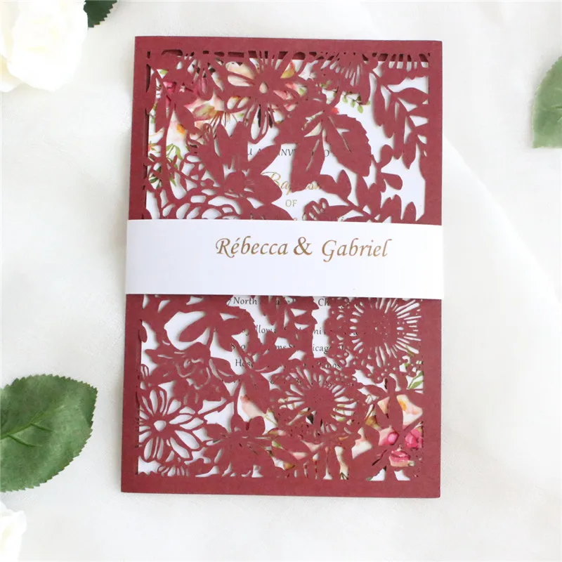 Элегантная бордовая пригласительная открытка лист цветок лазерная резка