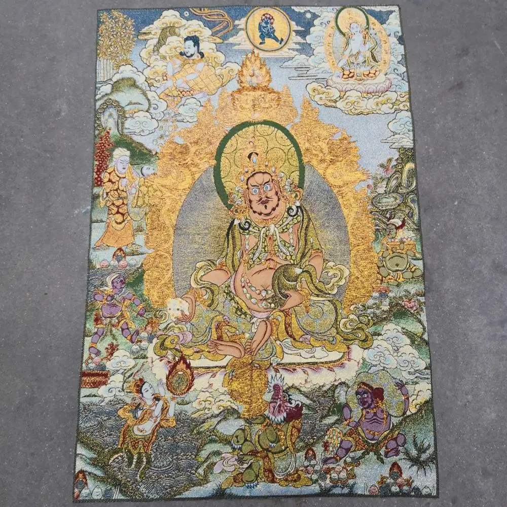 

35" Thangka embroidery Tibetan Buddhism silk embroidery brocade Nepal Yellow God of Wealth Buddha Statue Thangkas