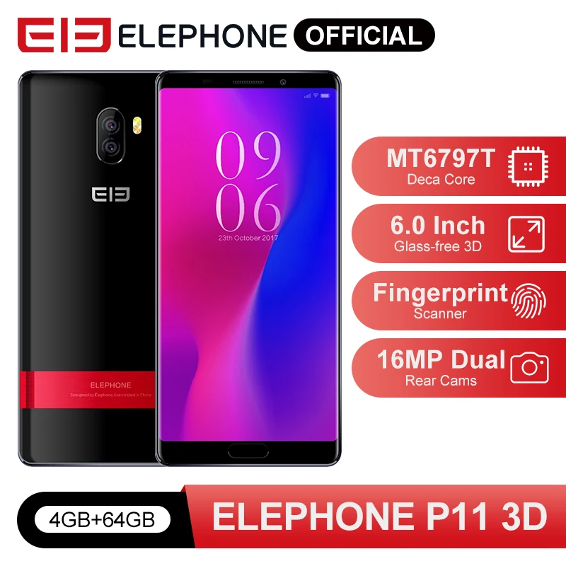 ELEPHONE P11 3D 4GB 64GB Smartphone MTK MT6797T Deca Core 6.0" FHD+ Display 3D Glass Android 8.0 16MP Dual Rear Cam 3200mAh
ELEPHONE P11 3D 4GB 64GB Smartphone MTK MT6797T Deca Core 6.0" FHD+ Display 3D Glass Android 8.0 16MP Dual Rear Cam 3200mAh