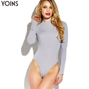

YOINS Sexy Bodycon Bodysuit Long Sleeves Round Neck Button Front Jumpsuit 2020 Autumn Winter Female Body Tops Fashion Playsuit