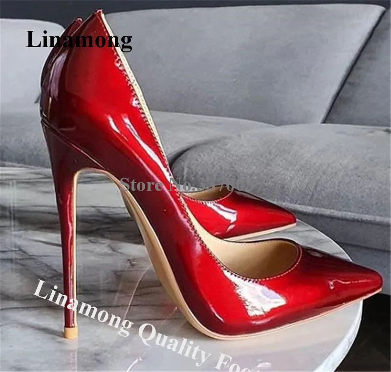 

Linamong Brand Design Pointed Toe Patent Leather Stiletto Heel Pumps Red Blue Gold Shining 12cm High Heels Wedding Shoes