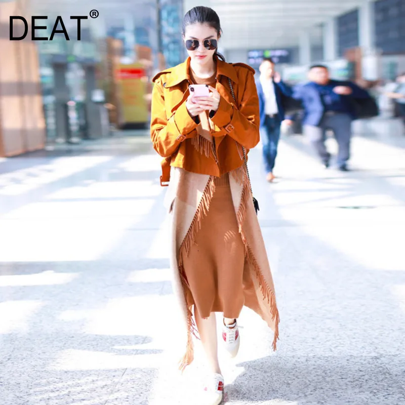 Фото DEAT autumn and winter turn-down collar full sleeves letters printed woolen tassels windbreaker two pieces trench WH40804L | Женская