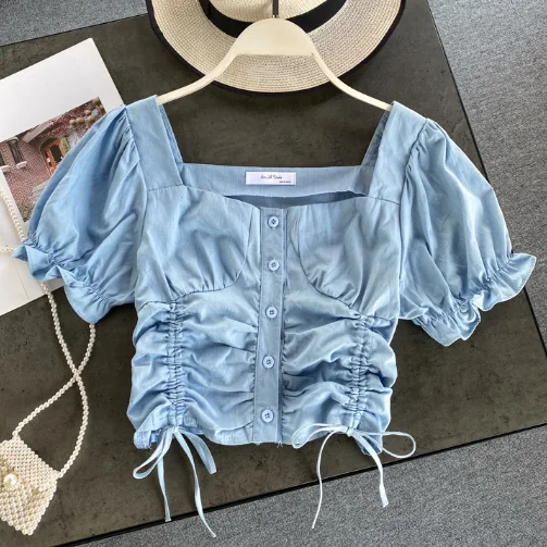Short Top Women's Summer Wear Fashion Drawstring Pleated Puff Sleeve Thin Denim Shirt Blouse Girls Students Crop Top Blouses
Short Top Women's Summer Wear Fashion Drawstring Pleated Puff Sleeve Thin Denim Shirt Blouse Girls Students Crop Top Blouses