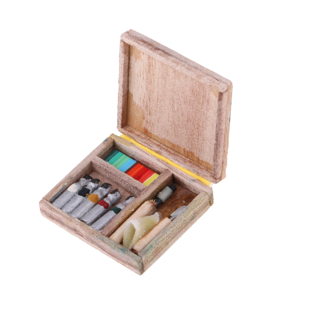 Artist's Wooden Watercolour Storage Box Doll House Miniatures Paint 1:12 Scale Toy Artist's Wooden Watercolour Storage Box Doll House Miniatures Paint 1:12 Scale Toy