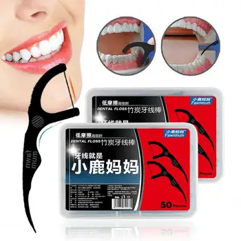 

50pcs Dental Floss Bamboo Toothpick Flosser Charcoal Teeth Sticks Tooth Picks Interdental Brush Teeth Clean Dental Floss Stick