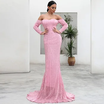 SD260X-2019 dress female sense V-neck off shoulder long sleeve off shoulder bright crystal long skirt 
SD260X-2019 dress female sense V-neck off shoulder long sleeve off shoulder bright crystal long skirt