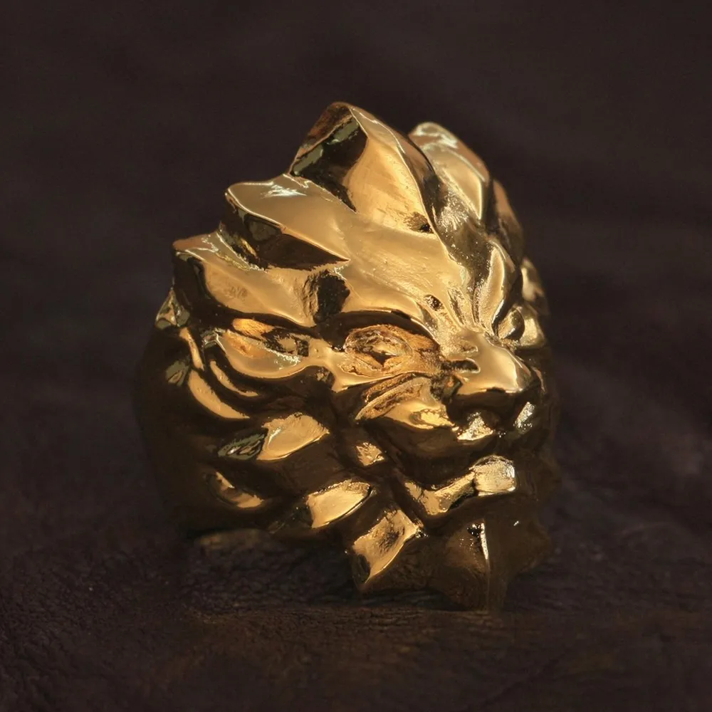 

LINSION Details Gold Plated Brass Abstract Lion Ring Mens Biker Punk Ring GP01 US Size 7~15