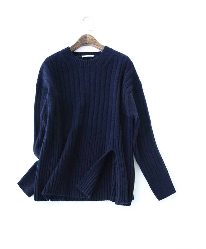 autumn winter new o-neck cashmere sweater women thickening slit