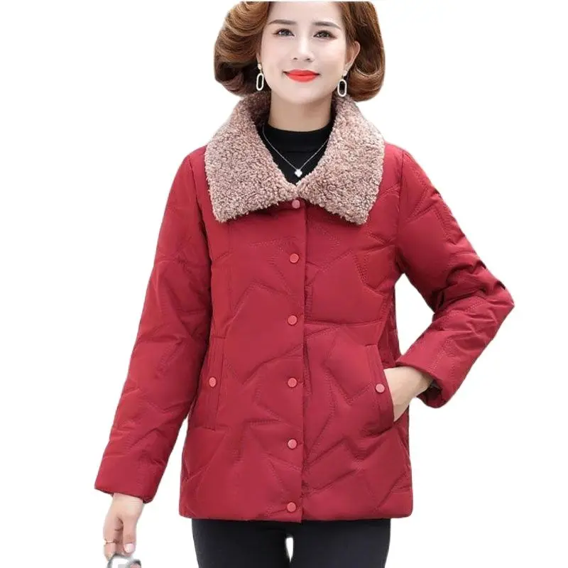 

Middle-Aged Mother Fashion New Lapel Ladies Cotton Jacket Autumn Winter Short Add Velvet Thicken Cold Protection Female Coat