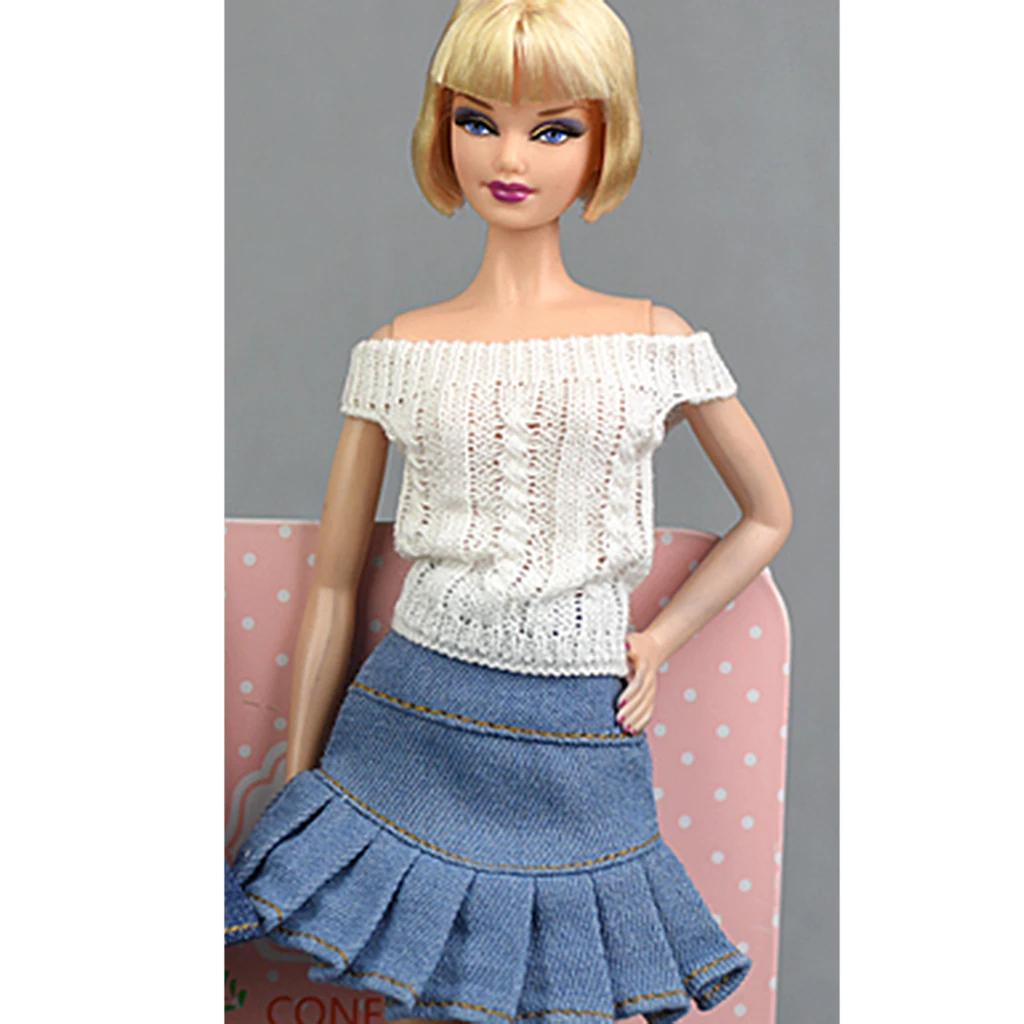 Stylish 2pcs Clothes Suit for 1/6 Blythe Licca OB Girl My Life Dolls Knit Sweater Denim Skirt White & Blue Stylish 2pcs Clothes Suit for 1/6 Blythe Licca OB Girl My Life Dolls Knit Sweater Denim Skirt White & Blue
