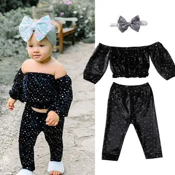 Fashion outdoor toddler girl velvet clothes 2Pcs off shoulder long sleeve top + pants baby girl polka dot suit 
Fashion outdoor toddler girl velvet clothes 2Pcs off shoulder long sleeve top + pants baby girl polka dot suit