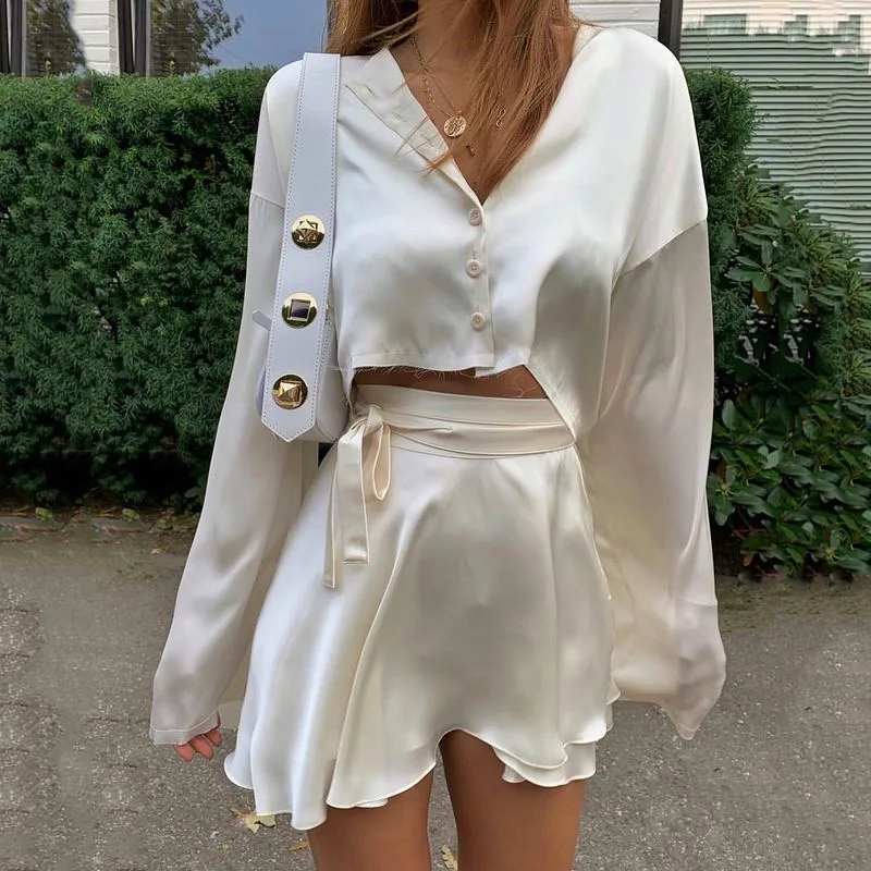 Milan Set White Elegant Satin Cardigan Top And High Waist Mini Skirts Two Piece Set JKP5894