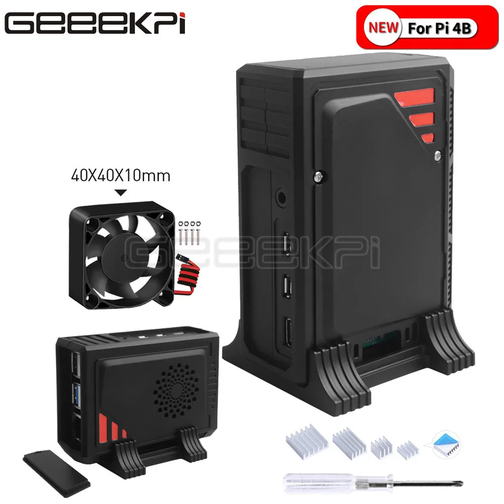 Чехол GeeekPi Raspberry Pi 4B ABS с вентилятором со светодиодсветильник кой 4010 и полностью алюминиевым радиатором для 4