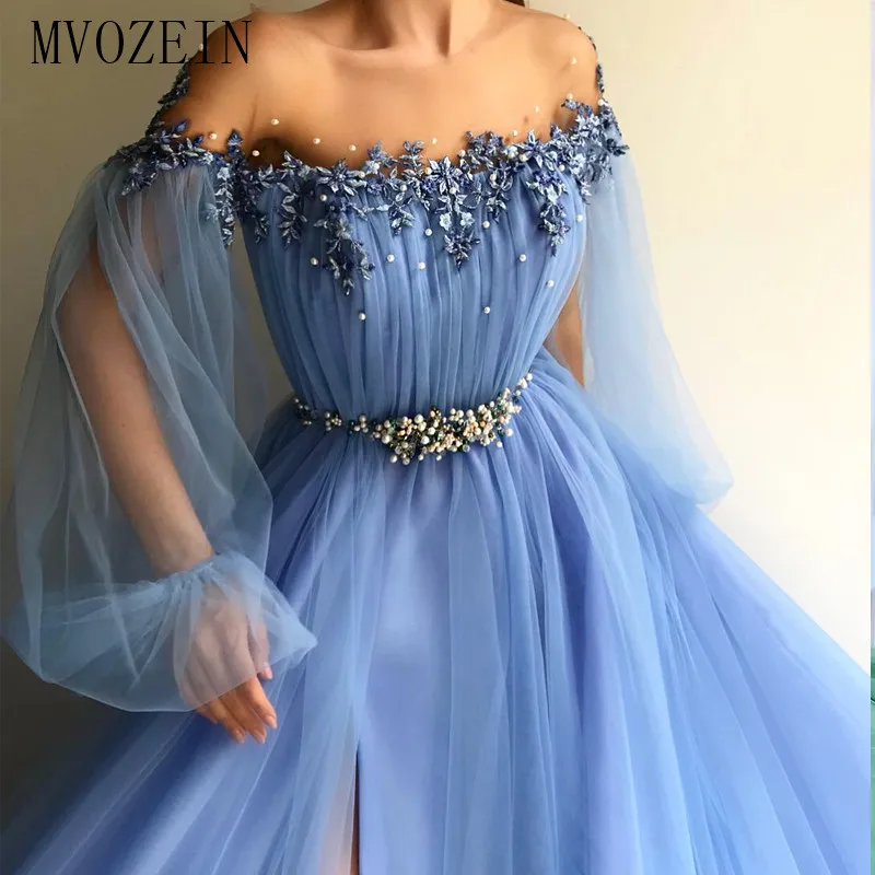 Vestidos 2019 Sky Blue Evening Dress Sheer A-Line Jewel Neck Full Sleeves See-Through High Split Evening Dresses Long Formal Par
Vestidos 2019 Sky Blue Evening Dress Sheer A-Line Jewel Neck Full Sleeves See-Through High Split Evening Dresses Long Formal Par