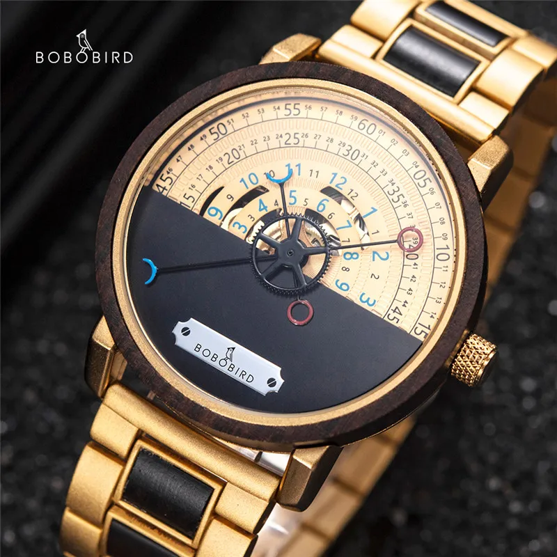 

BOBO BIRD Men Automatic Mechanical Watch Wood Wristwatches Transparent Backcover Golden Timepieces Chronograph erkek kol saati
