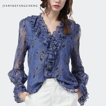 Fashion Women Lace Blouse Embroidered Ruffled V-Neck Long Sleeve Pull On Top New 2020 Spring Summer See through Office Blouses
Fashion Women Lace Blouse Embroidered Ruffled V-Neck Long Sleeve Pull On Top New 2020 Spring Summer See through Office Blouses