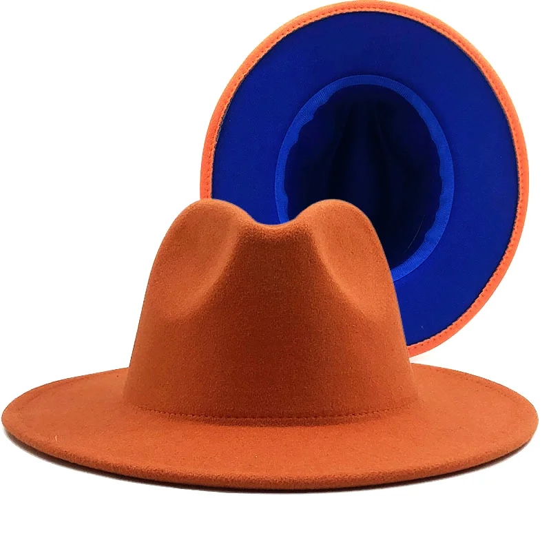 

Outer ORANGE Simple Inner BLUE Wool Felt Jazz Fedora Hats with Thin Belt Buckle Men Women Wide Brim Panama Trilby Cap 56-58-60CM