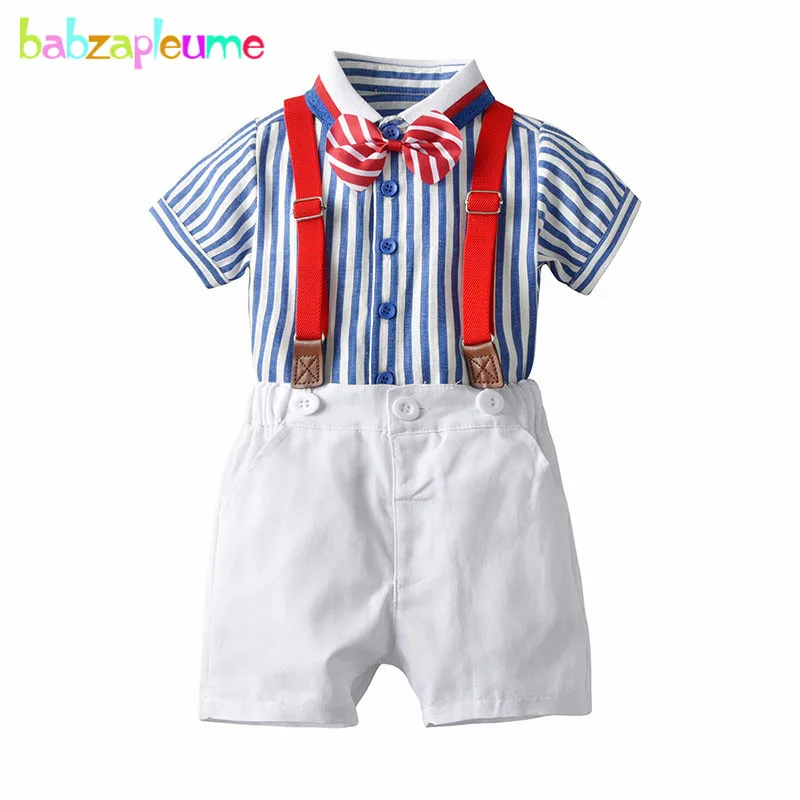 

3Piece/Summer Children Clothes Fashion Gentleman Stripe Baby Boys T-shirt+White Shorts+Strap Boutique Kids Clothing Sets BC1767