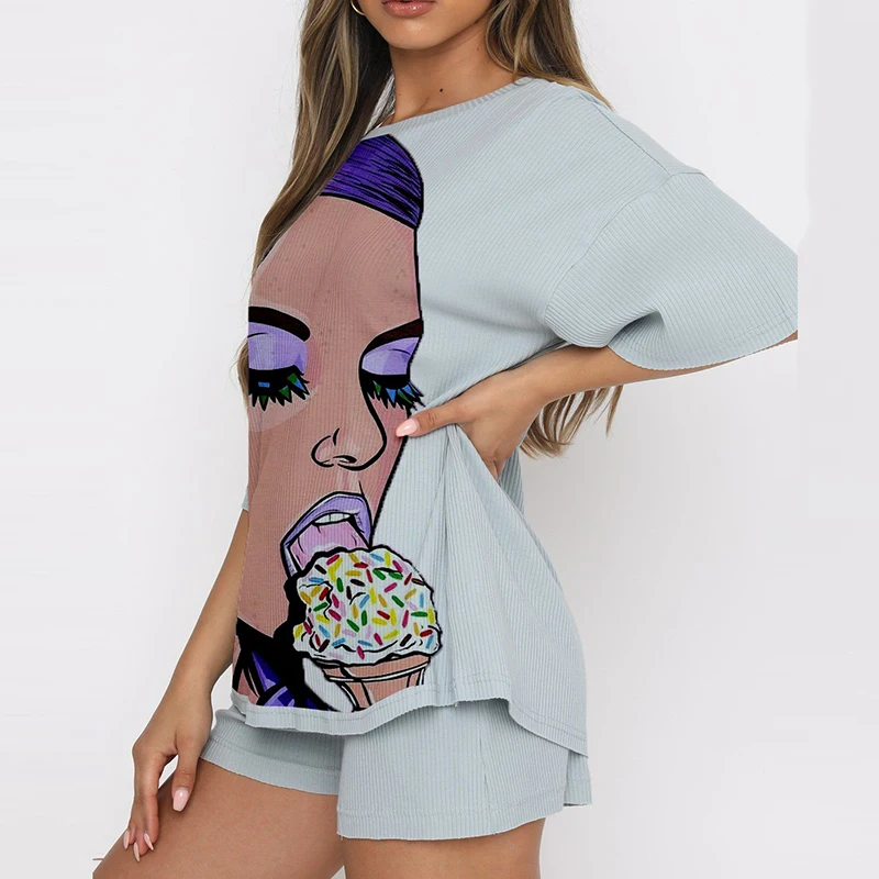 Streetwear Outfit Harajuku Women Cartoon Shirt Short Sleeve Chic Print Plus Sweatpants Set JKP4728