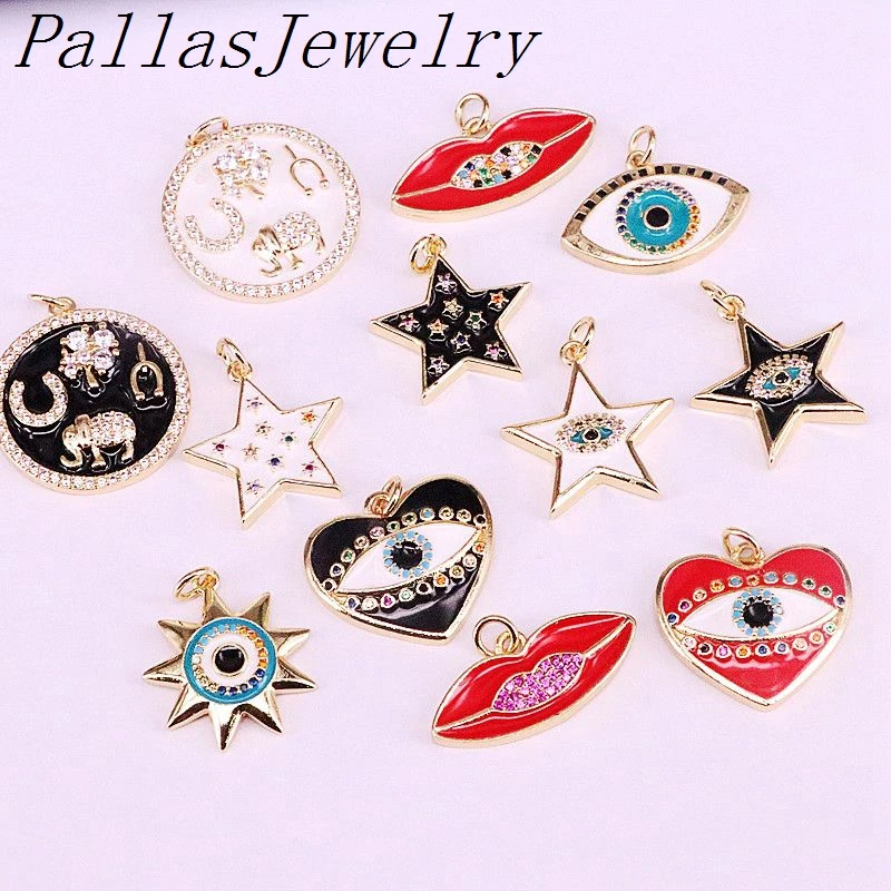 30Pcs Mix Random Enamel Pendants Charms, Round/ Star/Lip/Eye shape, delicate zircon micro pave charm Beads, Necklace Findings
30Pcs Mix Random Enamel Pendants Charms, Round/ Star/Lip/Eye shape, delicate zircon micro pave charm Beads, Necklace Findings