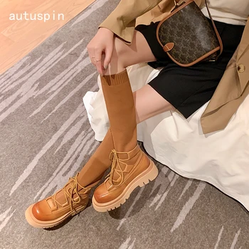 Autuspin Top Quality Women Platform Shoes Fashion Genuine Leather Motorycle Boots Female Winter Fashion Knitting Knee-high Botas 
Autuspin Top Quality Women Platform Shoes Fashion Genuine Leather Motorycle Boots Female Winter Fashion Knitting Knee-high Botas
