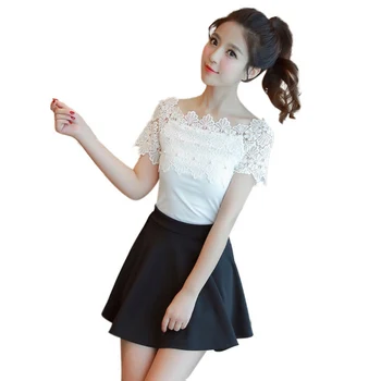 Women Lace Splice Blouse Casual Off-the-shoulder Sexy Lace Short Sleeve Solid Color Blouse High Waist Summer Hollow Blouses Tops 
Women Lace Splice Blouse Casual Off-the-shoulder Sexy Lace Short Sleeve Solid Color Blouse High Waist Summer Hollow Blouses Tops