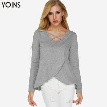 

YOINS Women Stylish V-neck Crossed Front Slit Hem Blouse 2020 Spring Autumn Shirts Long Sleeves Regular Casual Tops Ladies Blusa