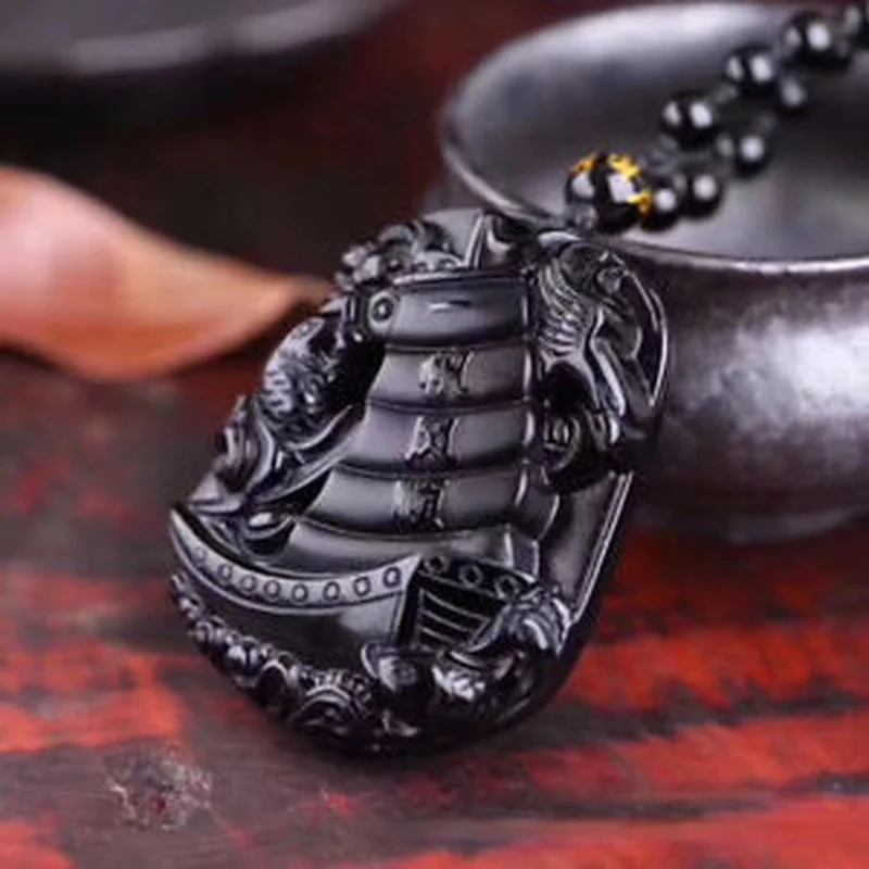 

Черный обсидиановый Гладкий парусный ожерелье амулет кулон с регулируемой цепочкой