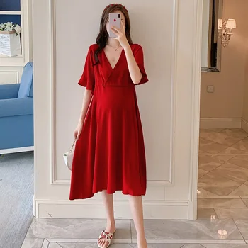 029# Wine Red Chiffon Maternity Dress Deep V neck Drawstring Slim Waist Clothes for Pregnant Women Hot Pregnancy Clothing
029# Wine Red Chiffon Maternity Dress Deep V neck Drawstring Slim Waist Clothes for Pregnant Women Hot Pregnancy Clothing
